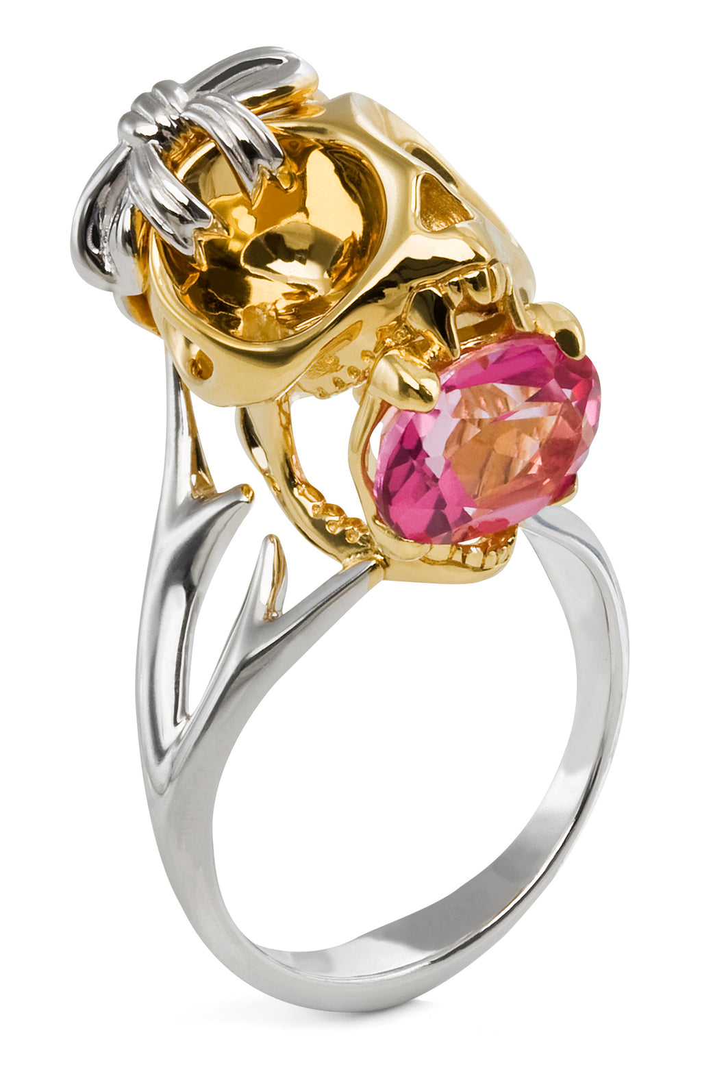 Gold Tarsier Skull with Bow and Pink Tourmaline