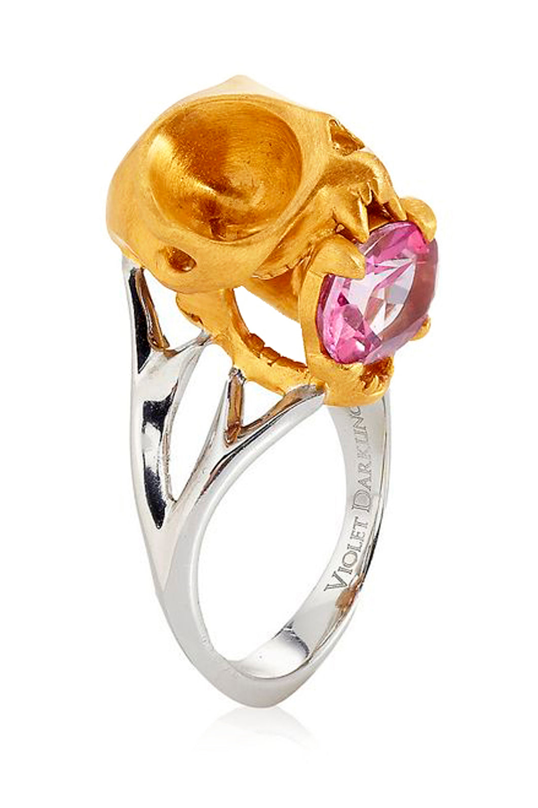 Matte Gold Tarsier Skull Ring with Pink Tourmaline