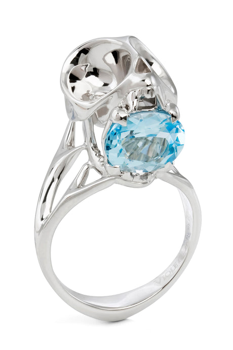 Silver Tarsier Skull Ring with Blue Topaz